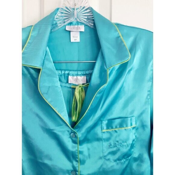 La Senza blue & lime green satin-like pajama long sleeve top & pants set S - Picture 7 of 10